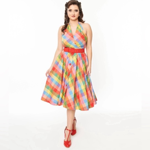 Unique Vintage Rainbow Madras Plaid Tarrytown Hostess Dress Sz L NWT - Picture 2 of 10